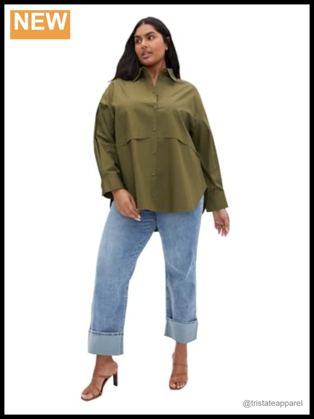 Women's Plus Size Cotton Button Down Shirt Long Sleeve Collared Hi-Lo Hem